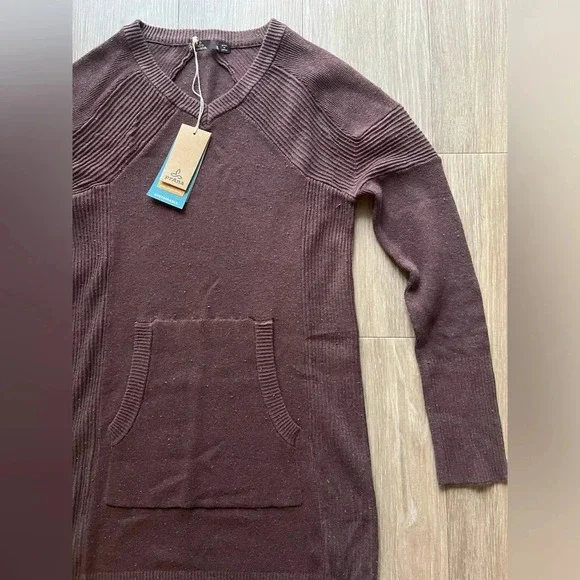 Prana Brown Long Sleeve Pocket Ribbed Knit Avalone Sweater Dress Size Small - Picture 2 of 8
